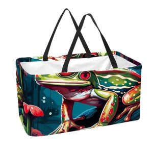 reusable grocery bags boxes storage basket, red eye frog pattern collapsible utility tote bags with long handle