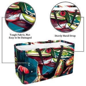 Reusable Grocery Bags Boxes Storage Basket, Red Eye Frog Pattern Collapsible Utility Tote Bags with Long Handle