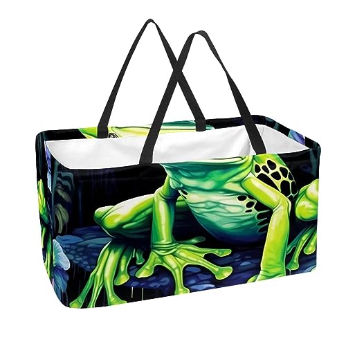 Reusable Grocery Bags Boxes Storage Basket, Red Eye Frog Pattern Collapsible Utility Tote Bags with Long Handle