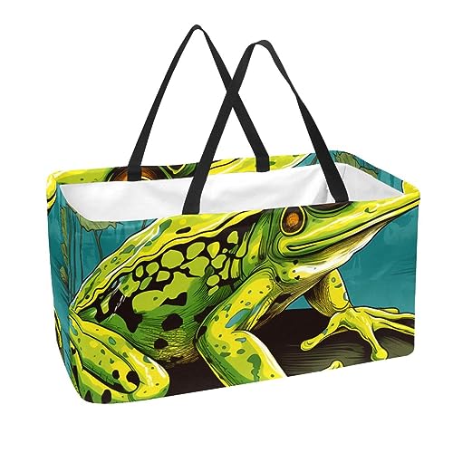 Reusable Grocery Bags Boxes Storage Basket, Red Eye Frog Pattern Collapsible Utility Tote Bags with Long Handle