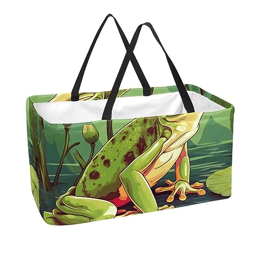 Reusable Grocery Bags Boxes Storage Basket, Red Eye Frog Pattern Collapsible Utility Tote Bags with Long Handle