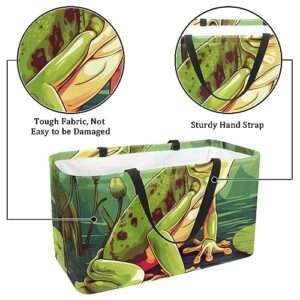 Reusable Grocery Bags Boxes Storage Basket, Red Eye Frog Pattern Collapsible Utility Tote Bags with Long Handle