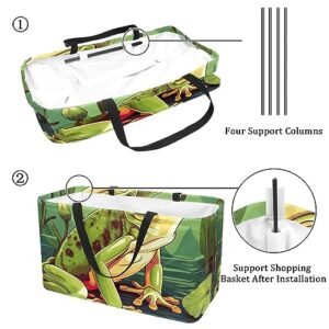 Reusable Grocery Bags Boxes Storage Basket, Red Eye Frog Pattern Collapsible Utility Tote Bags with Long Handle