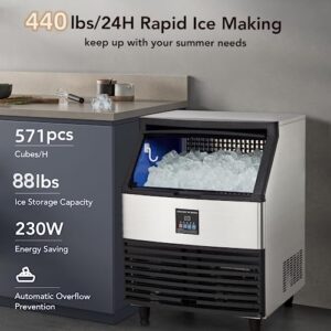 Towallmark Commercial Ice Maker, Creates 440LBS in 24H, Commercial Ice Machine with 88 LBS Ice Storage Capacity, Ice Maker Machine with Auto Self-Cleaning, Each Tray Can Make 144 Pieces of Ice.