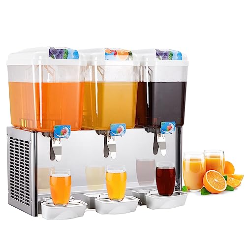 Refrigerated Beverage Dispenser, Commercial Beverage Dispenser Machine 14.25 Gallon 54L 3 Tanks Ice Tea Drink Dispenser, 380W Stainless Steel Beverage Dispenser with Thermostat Controller