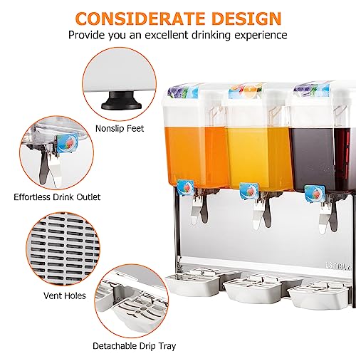 Refrigerated Beverage Dispenser, Commercial Beverage Dispenser Machine 14.25 Gallon 54L 3 Tanks Ice Tea Drink Dispenser, 380W Stainless Steel Beverage Dispenser with Thermostat Controller