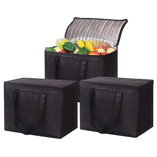 Large Insulated Reusable Grocery Bags, Foldable Cooler Bags with Reinforced Bottom & Handles for Hot or Cold Food Delivery (3 Pack)