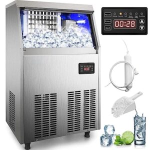 stainless steel under counter ice maker machine with 33lb bin, automatic operation, water filter, scoop, connection hose - makes 120-130lbs/24h - perfect for home bar, restaurant, and office use