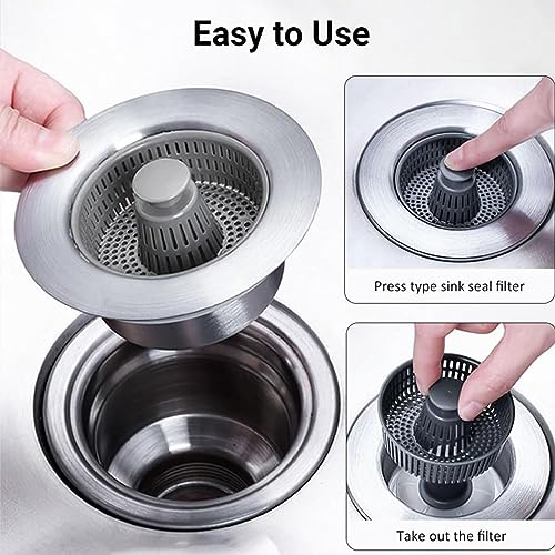 3-in-1 Stainless Steel Sink Aid, Press Type Sink Seal Filter, Stainless Steel Sink Aid, Kitchen Sink Drain Strainer (1PCS)