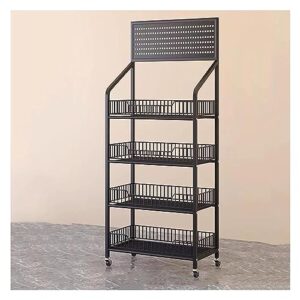 convenience store shelf cart 4 tier, supermarket portable display rack for snacks/drinks/can/toys, with hooks & wheels, commercial home, carbon steel frame (color : black-4 tier, size : 50x27x140cm