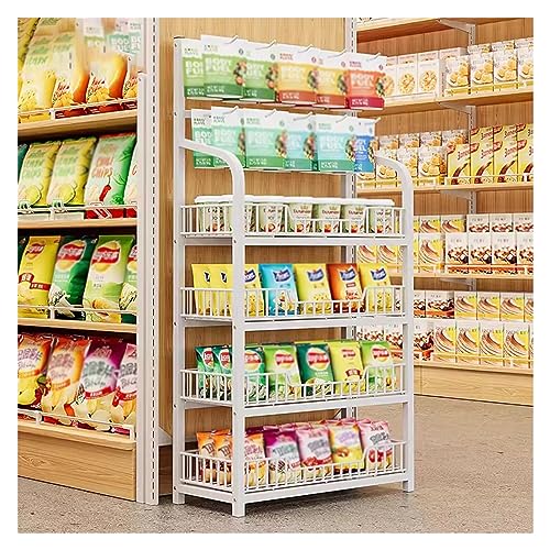 4/5 Layer Supermarket Display Shelf, Drinks/Small Food/Toys Storage Rack Against the Wall, for Pharmacy/Kitchen/Convenience Store, Heavy Duty Steel Frame (Color : White, Size : 4 Layer/60x27x146cm)