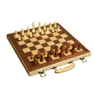 sterling games 16" solid wooden chess set travel folding board with brass locks and felted interior storage with piece holders
