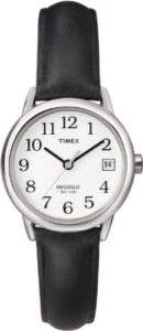 timex women's t2h331 indiglo leather strap watch, black/silver-tone/white