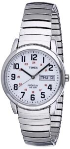 timex easy reader 35mm day-date watch – silver-tone case white dial with silver-tone expansion band