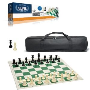 we games complete tournament chess set – plastic chess pieces with green roll-up chess board and travel canvas bag