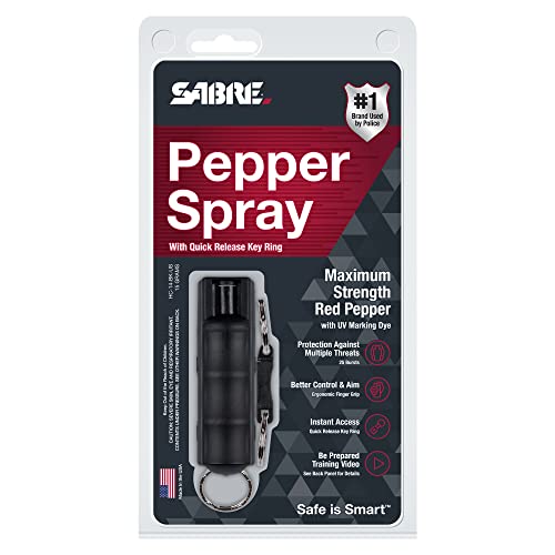 SABRE Pepper Spray, Quick Release Keychain for Easy Carry and Fast Access, Finger Grip for More Accurate and Faster Aim, Maximum Police Strength OC Spray, 25 Bursts, Secure and Easy to Use Safety