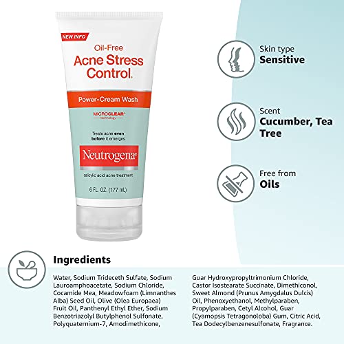 Neutrogena Oil-Free Acne Stress Control Power-Cream Face Wash with 2% Salicylic Acid Acne Treatment Medication, Soothing Daily Acne Facial Cleanser for Acne-Prone Skin Care, 6 fl. oz