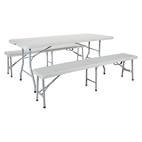 Office Star Resin Furniture for Indoor or Outdoor Use, 3-Piece Set, 2 Folding Benches and 6 Foot Table