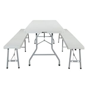 Office Star Resin Furniture for Indoor or Outdoor Use, 3-Piece Set, 2 Folding Benches and 6 Foot Table