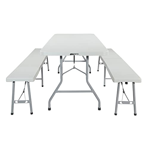 Office Star Resin Furniture for Indoor or Outdoor Use, 3-Piece Set, 2 Folding Benches and 6 Foot Table