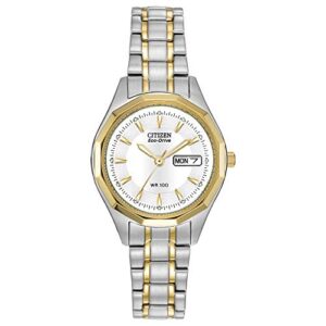 citizen women's eco-drive dress classic watch in two-tone stainless steel, white dial (model: ew3144-51a)