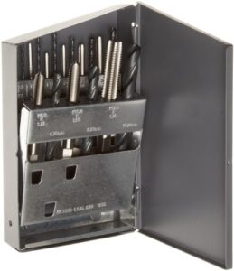chicago latrobe 52541 hm18 high-speed steel jobber length drill bit and tap set with metal case, black oxide drill bits/uncoated taps, metric, 18-piece, metric drill bit sizes, m2.5 to m12 tap sizes