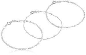 amazon collection .925 sterling silver figaro, bead station and singapore chain bracelet set size 7'