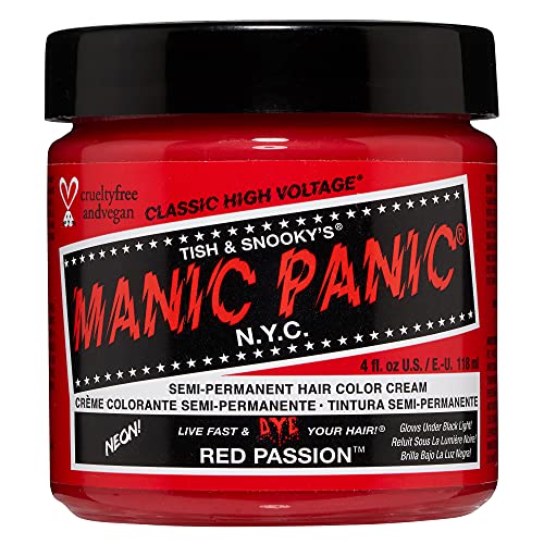 MANIC PANIC Red Passion Hair Dye – Classic High Voltage - Semi Permanent Hair Color - Glows in Blacklight - Medium Strawberry Red Shade With Pink Tint - Vegan, PPD & Ammonia Free - For Coloring Hair