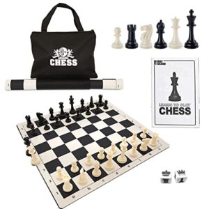 we games best of travel chess sets - chess board is tournament style roll up - 20 inches, 34 chess pieces, portable chess set bag, includes equalizer dice & how to play chess instructions booklet