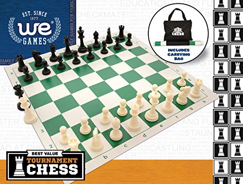 WE Games Best Value Tournament Chess Set w/ a Green Roll Up Vinyl Board, Plastic Pieces & Bag