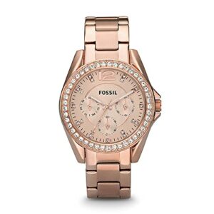 fossil women's riley quartz stainless steel multifunction watch, color: rose gold glitz (model: es2811)