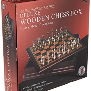 Classic Game Collection Metal Chess Set with Deluxe Wood Board and Storage - 2.5" King, Gold/Silver/Brown (985)