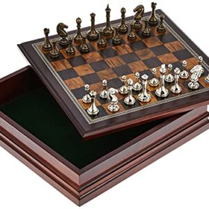 Classic Game Collection Metal Chess Set with Deluxe Wood Board and Storage - 2.5" King, Gold/Silver/Brown (985)