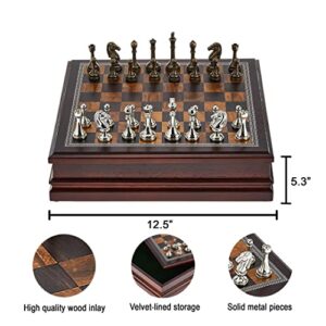 Classic Game Collection Metal Chess Set with Deluxe Wood Board and Storage - 2.5" King, Gold/Silver/Brown (985)