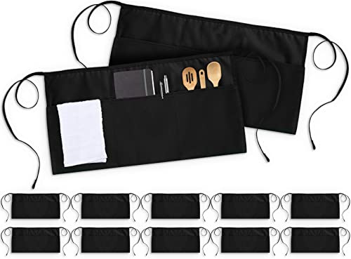 Utopia Waist Apron with 3 Pockets, 12-Pack, Black