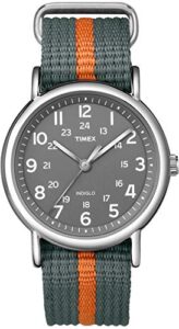 timex unisex t2n649 weekender 38mm gray/orange stripe nylon slip-thru strap watch