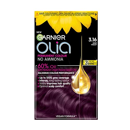 Garnier Olia Deep Violet Permanent Hair Dye, No Ammonia for A Pleasant Scent, Up To 100% Grey Hair Coverage, Maximum Colour Performance, 60% Oils - 3.16 Deep Violet