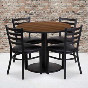 flash furniture 36'' round walnut laminate table set with round base and 4 ladder back metal chairs - black vinyl seat