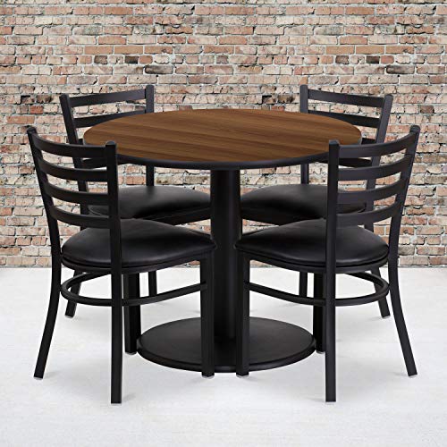 Flash Furniture 36'' Round Walnut Laminate Table Set with Round Base and 4 Ladder Back Metal Chairs - Black Vinyl Seat