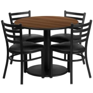 Flash Furniture 36'' Round Walnut Laminate Table Set with Round Base and 4 Ladder Back Metal Chairs - Black Vinyl Seat