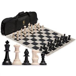 yellow mountain imports regulation tournament roll-up staunton chess game set (19.75-inch) with travel bag, 2 extra queens, and weighted chessmen - black