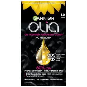 garnier olia ammonia-free brilliant color oil-rich permanent hair color, 1.0 black (pack of 1) black hair dye (packaging may vary)