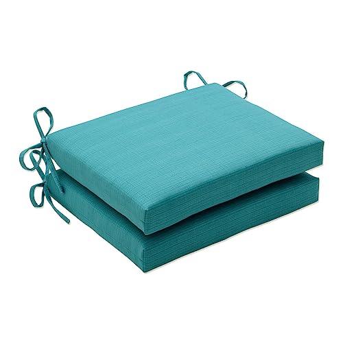 Pillow Perfect Forsyth Solid Indoor/Outdoor Patio Seat Cushions, Plush Fiber Fill, Weather and Fade Resistant, 2 Count, Turquoise, Square Corner 16"x18.5" Blue