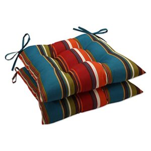 pillow perfect stripe outdoor wicker patio seat cushion with ties, reversible, weather, and fade resistant, square corner - 18.5" x 19", red/brown westport, 2 count