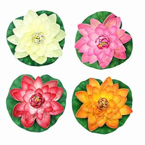 navadeal 4pcs 7 inch artificial floating foam lotus flowers for pool, realistic water lily pads, pink ivory white orange crimson, perfect for home outdoor patio pond aquarium wedding party decorations