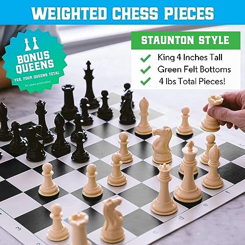 Best Chess Set Ever 4X Classic, Tournament Chess Set with 20 in x 20 in Foldable Silicone Board and Weighted Staunton Pieces, Packs and Travels Easy, Classic XL Super Heavyweight Edition