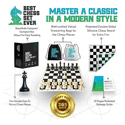 Best Chess Set Ever 4X Classic, Tournament Chess Set with 20 in x 20 in Foldable Silicone Board and Weighted Staunton Pieces, Packs and Travels Easy, Classic XL Super Heavyweight Edition