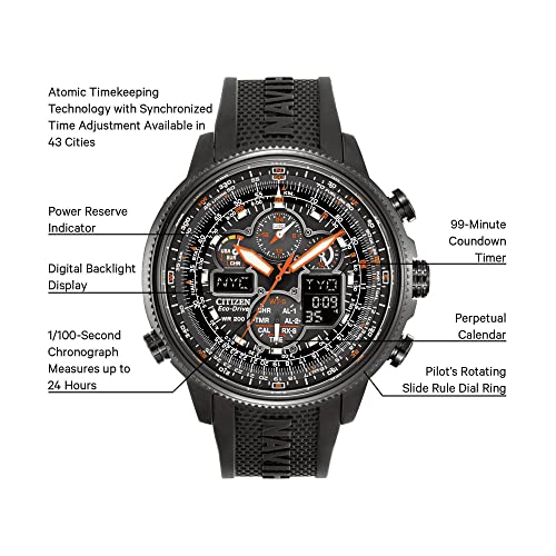 Citizen Men's Promaster Navihawk A-T Eco-Drive Pilot Watch, Atomic Timekeeping, Chronograph, Power Reserve Indicator, Luminous Hands and Markers, Anti-Reflective Crystal, Black Rubber Strap