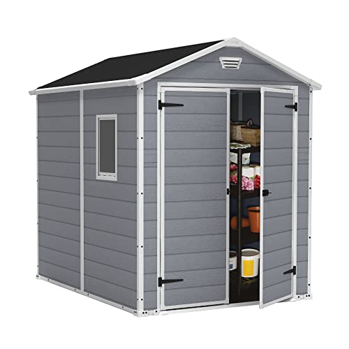 Keter Manor 6x8 Resin Outdoor Storage Shed Kit-Perfect to Store Patio Furniture, Garden Tools Bike Accessories, Beach Chairs and Lawn Mower, Grey & White