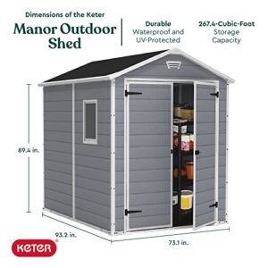 Keter Manor 6x8 Resin Outdoor Storage Shed Kit-Perfect to Store Patio Furniture, Garden Tools Bike Accessories, Beach Chairs and Lawn Mower, Grey & White